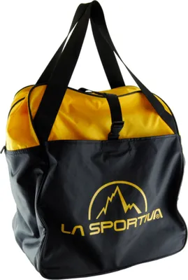 Schwarze Skimo Bag von La Sportiva mit gelbem oberen Teil und Logo.