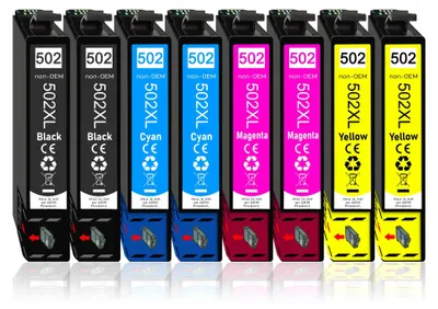 A row of eight ink cartridges, each labeled with its color and model number.