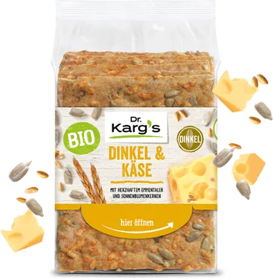 Produktbild von Dr. Karg's DINKEL & KÄSE, 1 Stück(e), 461 kcal, 1928 kJ, 114 kcal, 17 g, 12 g