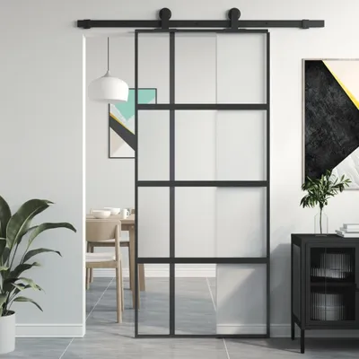 Produktbild von Einfachen Design & Stilvol Schiebetür Schwarz 90x205 cm Hartglas und Aluminium Haustüren - 1parcel