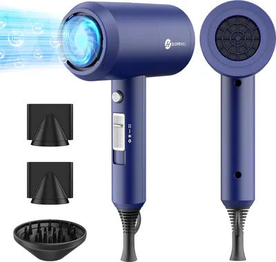 Produktbild von Ionen Föhn, 1800W Haartrockner mit AC Motor, Slopehill Schnelltrocknen Hair Dryer, Heiß-/Kalttaste, 3 Fön-Konzentratoren und Diffusor, Dunkelblau