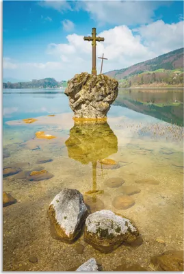 Produktbild von ARTland Wandbild Alu für Innen & Outdoor Kreuzstein im Mondsee Größe: 60x90 cm
