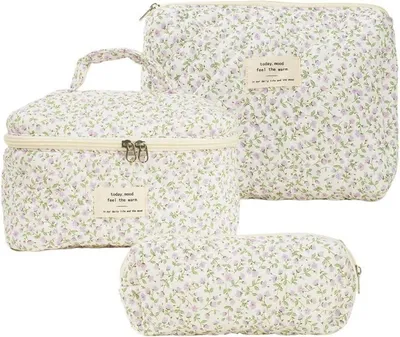Immagine prodotto di Set di 3 borsette da viaggio in cotone con motivo floreale, ideali per cosmetici e articoli da toilette, per donna