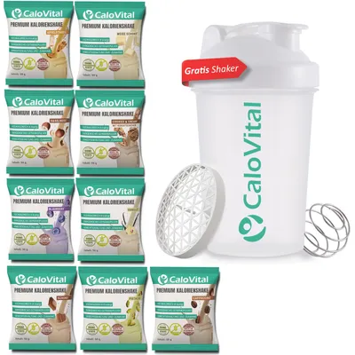 Produktbild von CaloVital Hochkalorische Trinknahrung für gezielte Gewichtszunahme [PROBIERPAKET INKL. GRATIS SHAKER] 9er Pack Classic je 50 g Pulver