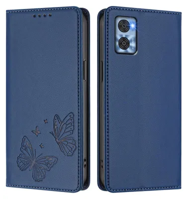 Produktbild von Lederhülle für Motorola Moto E22 / E22i, Schmetterling Prägung Leder Brieftasche Schutzhülle mit Ständer Dunkelblau