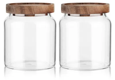 Immagine prodotto di Omgoods - Set di 2 contenitori in vetro ermetici con coperchio in legno, capacità 600 ml