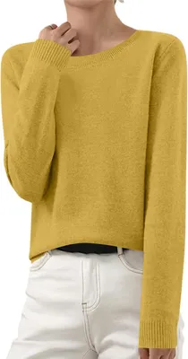 Image de ASKSA Femme Pull en tricot Elégant Pull en tricot uni Duenne Pull d'hiver en tricot fin Stretch Chaud Pull en laine Basic Pull à col rond,Curcuma,L