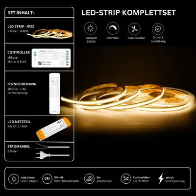 Produktbild von LED Streifen Set Kaltweiß – COB LED Streifen 24V, punktfrei, 14 W/m, 5m, 6000K, CRI 90, IP33 – SS100 Netzteil, SM2 Matter Controller und C1 Fernbedienung Weiß