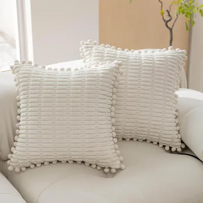Productafbeelding van Pom Pom Kussenhoezen voor Slaapbank, Super Zachte Corduroy Kussenslopen, Crème, 60 cm