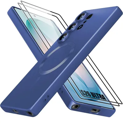 Image de Coque + 2 Verres Trempés pour Samsung Galaxy S26 Ultra, Protection Silicone avec Anneau Magnétique Intégré - Bleu Marine