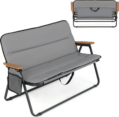 Produktbild von KOMFOTTEU Campingstuhl tragbar für 2 Personen, Gartenstuhl klappbar mit abnehmbarem Kissen, Seitentasche, Armlehnen, für Angeln, Strand, Picknick,Grau