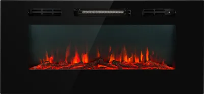 A black electric fireplace with realistic LED flames and glowing logs.