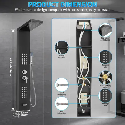 Obrázek produktu pro Sprchový panel - sprchová sloupka - sprcha s 5 funkcemi (dešťová sprcha) - masážní trysky - ruční sprcha - výstup pro vanu - nerezová ocel 304 - černá barva