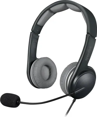 A black and grey SPEEDLINK SONID Stereo Headset with a microphone is shown against a white background.