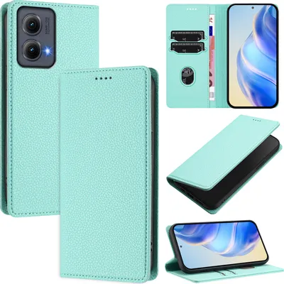 Produktbild von Litchi Leder Handyhülle für Motorola Edge (2024) Wallet Kartenfächer Standfunktion Hülle Türkis