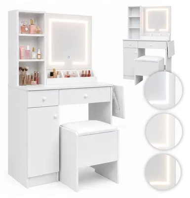 Zdjęcie produktu dla Toaletka kosmetyczna z lustrem i oświetleniem LED 3 barwy składany blat półki szuflady taboret ModernHome