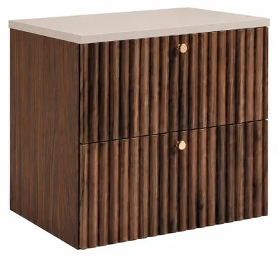 Productafbeelding van Badkamerkast met plank, model 60, eikenhout met notenfineer + plank in kasjmirmotief, handgrepen in drie kleuren, afmetingen: 60 x 44,4 x 58,6 cm, AI-gegenereerde afbeelding