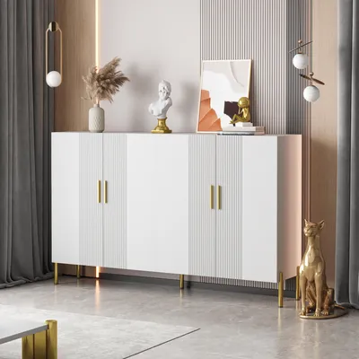 Productafbeelding van Witte kast, 4 deuren, gouden decoratie, multifunctioneel