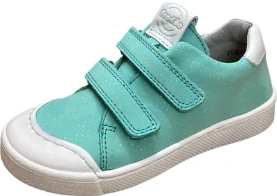 A single turquoise shoe with glitter accents and white accents.