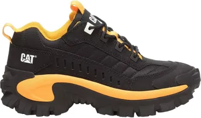 A side view of a black and yellow Caterpillar sneaker.