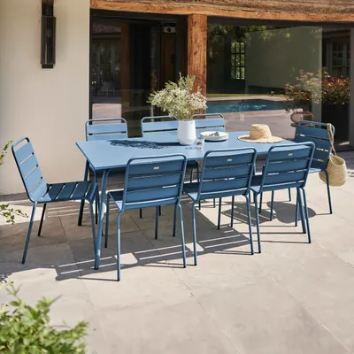 Produktbild von Gartentisch und 8 Stühle aus pulverbeschichtetem Stahl Pazifisch blau - Oviala Palavas