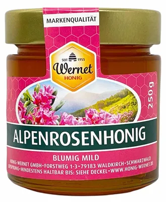 Produktbild von Honig Wernet Traditionsimker im Schwarzwald flüssiger Alpenrosenhonig im 250g Glas