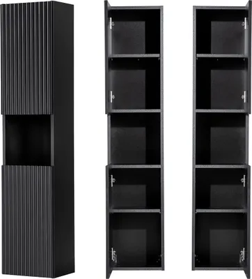 A black tall cabinet with a cutout in the middle and two other tall cabinets with open doors, all on a white background.
