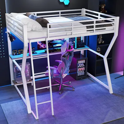 Produktbild von STILVORA Hochbett 90×200 Metallbett Kinderbett mit fernbedienbarem Ambientelicht&Computerkonsolenablage,Steckdose+USB, Geländer, Treppe, ohne Matratze,Weiß