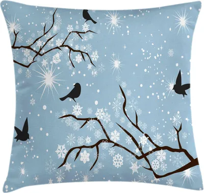 Immagine prodotto di ABAKUHAUS Federa per cuscino Snowy Trees, motivo con uccelli e fiocchi di neve su rami di alberi, 40 x 40 cm, grigio scuro blu grigio grigio