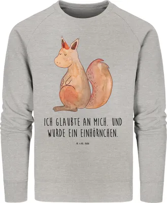 Produktbild von Mr. & Mrs. Panda Baumwoll Sweatshirt Einhorn Glauben Größe XL - Heather Grey - Geschenk, Eichhorn, Unicorn, Pulli, Einhörnchen, Eichhörnchen, Einhörner, Sweater, Pullover
