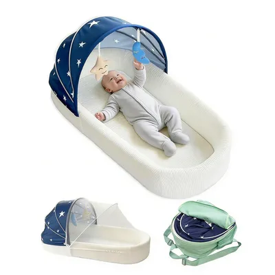 Produktbild von Baby Reisebett tragbar Baby Nest faltbar mit Moskitonetz & Sonnendach, Babybett 98cm, leichtes Reisebett für Neugeborene Indoor Outdoor