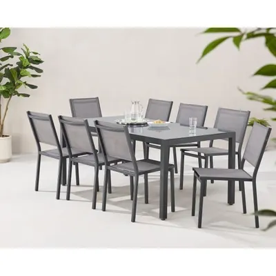 Image de Ensemble Repas de Jardin, Table 180 cm, 8 Chaises, Aluminium, Plateau Verre Trempé, Gris Anthracite