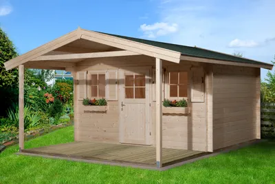 Produktbild von WEKA 110.3838.40.00 Premium Gartenhaus/Blockbohlenhaus Konstanz 1 mit Vordach (200 cm)/Einzeltür/Einzelfenster ; Größe: 2 ; Farbgebung: Naturbelassen ; Wandstärke: 28 mm ; Maße (LxBxH): 580 cm x 380 cm x 262 cm ; Seitenwandhöhe: 210 cm