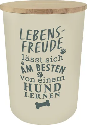Produktbild von Personalisierte Futterdose, Vorratsdose zur Aufbewahrung m.Holzdeckel u. Silikondichtung f.Katzen u. Hunde Accessoires - Leckerlidose Lebensfreude