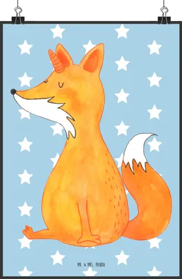Produktbild von Mr. & Mrs. Panda Bild Einhorn Fuchs DIN A2 - Blau Pastell - Geschenk, Wandbild, Unicorns, Fuchshörnchen, Unicorn, Kunstdruck, Einhörner, Posterdruck, Füchse, drucke