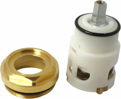 A close-up studio shot of plumbing faucet parts against a white background.