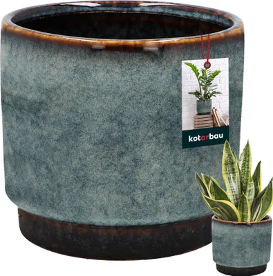 Image de KOTARBAU® Pot de fleurs bleu Céramique Hauteur 13 cm ⌀ 14 cm Cache-pot Céramique Flower Pot Cache-pots pour plantes d'intérieur Pot de fleurs Vintage Décoration de salon Pot pour orchidée Céramique Pots de fleurs émaillés