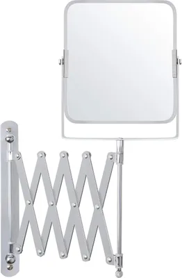 A silver wall-mounted expandable makeup mirror against a white background.