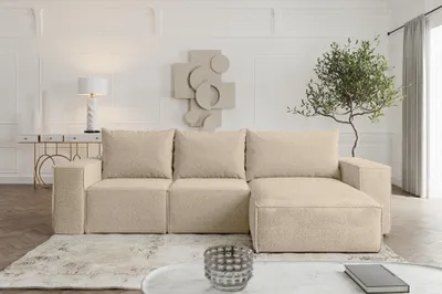 Produktbild von Ecksofa Sofa mit Schlaffunktion ESTELLE in Stoff Abriamo Beige Ottomane Rechts