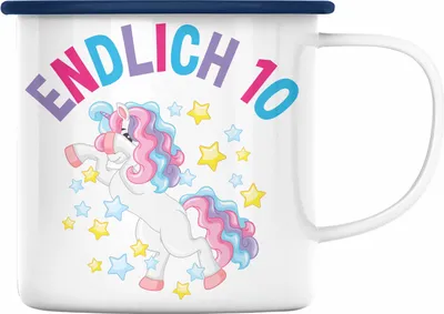 Produktbild von Trendation - 10. Geburtstag Emaille Tasse Geschenk Mädchen Tochter Einhorn Pferde 10 Jahre Alt Geburtstagsgeschenk Idee (Blau)