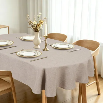 Produktbild von Tischdecke Oval 135x180cm Beige Abwaschbar Outdoor Wetterfest Leinenoptik Polyester