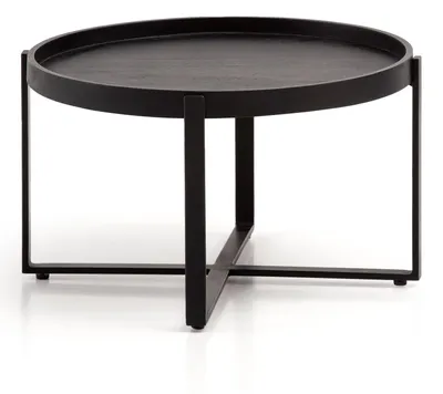 Couchtisch 60x60x35cm Mango Massivholz mit gekreuztem Metallgestell in Schwarz, Gesamtansicht.