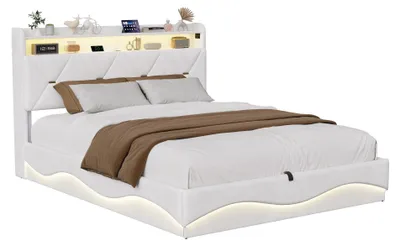 Image de Lit rembourré 160 x 200 cm - Lit double - Éclairage LED - Ports USB et Type-C - Coffre de rangement - Velours beige