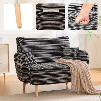 Produktbild von AIORBER Modernes 2-Sitzer Sofa aus Bouclé, kleines Polstersofa mit Armlehnenkissen und Seitentaschen für Wohnzimmer Schlafzimmer, Schwarz