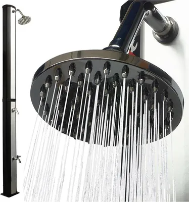 Produktbild von Solardusche 35 Liter mit Fußdusche – schwenkbarer Regenduschkopf – Solar Gartendusche/Außendusche/Pooldusche ohne Stromanschluss – Gartenschlauch-Anschluss, bis 60°C – Schwarz/Silber