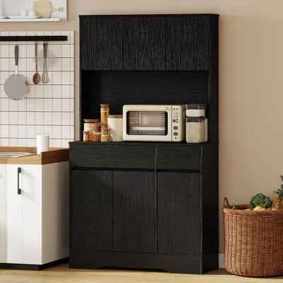 Produktbild von Buffetschrank Küchenschrank mit Arbeitsplatte, 6 Türen Stauraumschrank, Hochschrank Spanplatte MDF, Schwarz | 100 x 38 x 180 cm | 24 kg