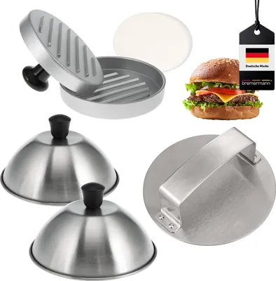 Zdjęcie produktu dla 5-częściowy zestaw do burgerów bremermann, w tym dwie prasy do burgerów z papierem do burgerów i dwie nasadki do burgerów, wykonane ze stali nierdzewnej