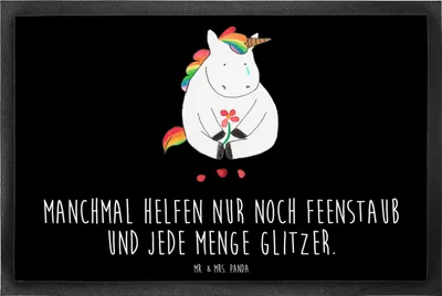 Produktbild von Mr. & Mrs. Panda Schmutzfangmatte Einhorn Traurig 60 x 90 cm - Schwarz - Geschenk, Fussmatte, Einhörner, Sauberlaufmatte, Unicorn, Schmutzmatte, Gummimatte, Glitzer