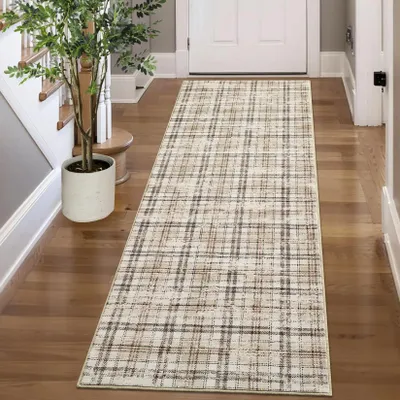 Immagine prodotto di Tappeto rettangolare per soggiorno, motivo a righe, 100% poliestere, fondo in gomma antiscivolo, lavabile in lavatrice, color beige, dimensioni 60 x 230 cm