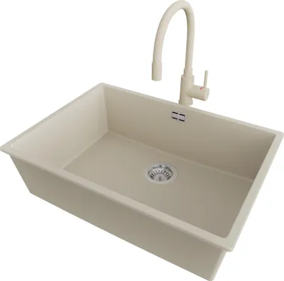 Produktbild von PRIMAGRAN Granitspüle Beige 66x47cm, Spülbecken 1 Becken + Küchenarmatur 38x14cm + Ablauf-Set, Küchenspüle ab 70er Unterschrank - London Slim